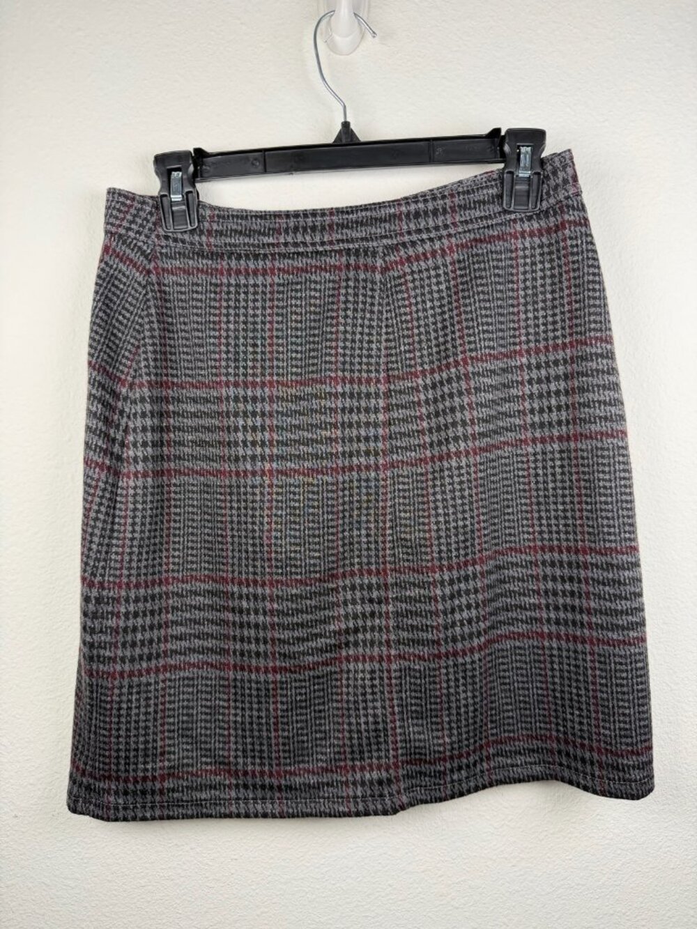 Gray Houndstooth Glen Plaid Pencil Mini Skirt Burgundy Windowpane Stretch S